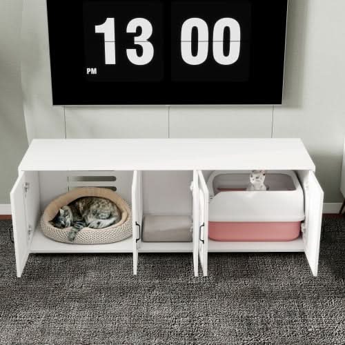 Modern Cat Litter Box Furniture With Double Room, Wooden Cat Litter Box Furniture With Cat Door - Pawtastic Pet Supplies