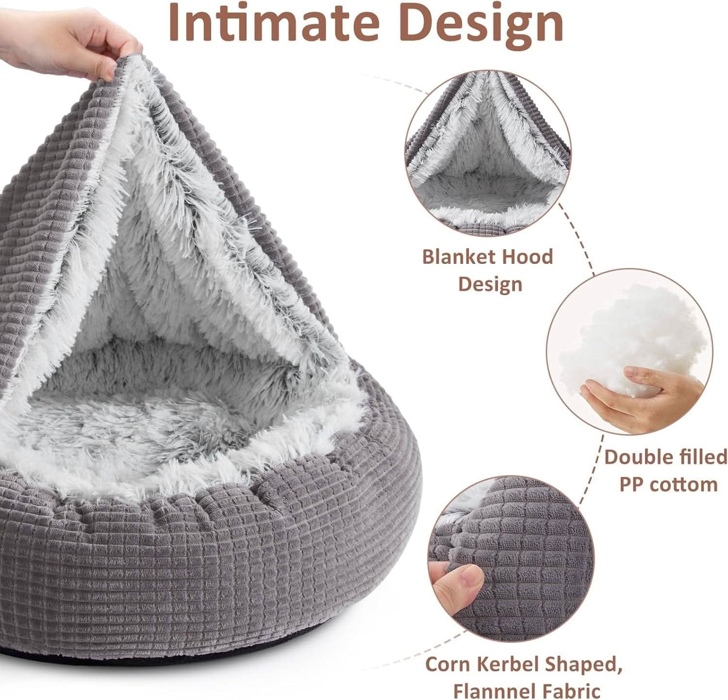 "Cozy Hooded Dog Bed with Attached Blanket, Calming Plush Cave for Small Dogs & Puppies, Anti - Slip Bottom
