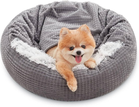 "Cozy Hooded Dog Bed with Attached Blanket, Calming Plush Cave for Small Dogs & Puppies, Anti - Slip Bottom