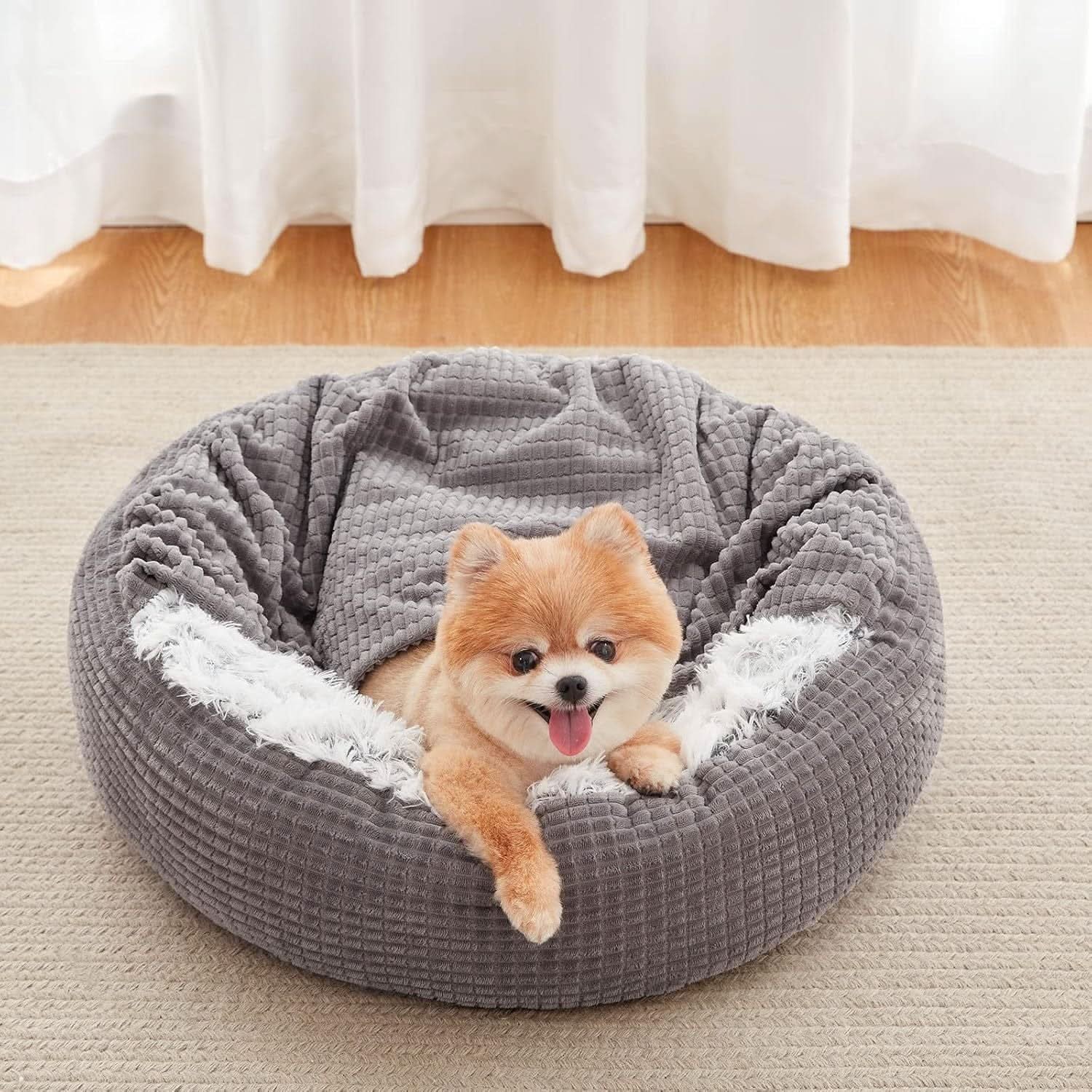 "Cozy Hooded Dog Bed with Attached Blanket, Calming Plush Cave for Small Dogs & Puppies, Anti - Slip Bottom