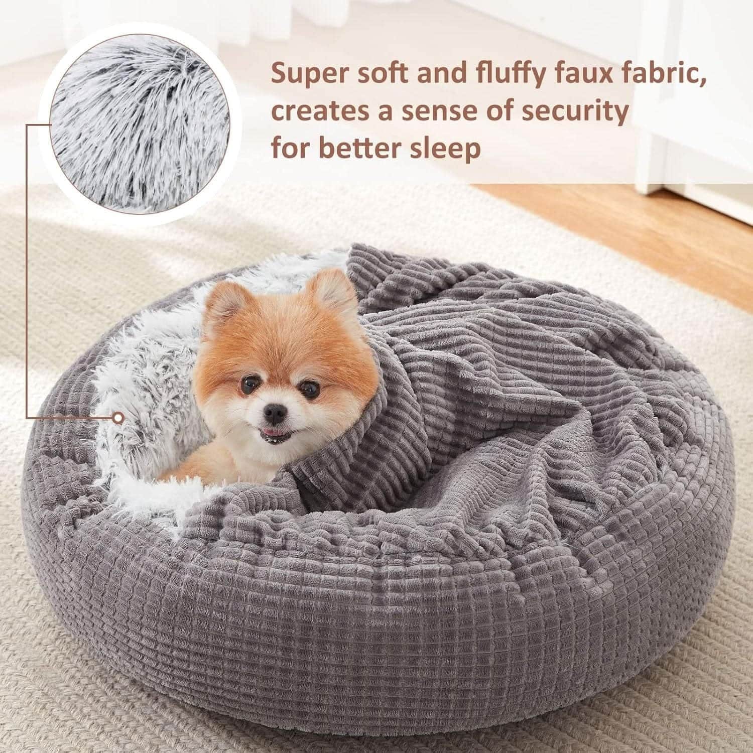 "Cozy Hooded Dog Bed with Attached Blanket, Calming Plush Cave for Small Dogs & Puppies, Anti - Slip Bottom