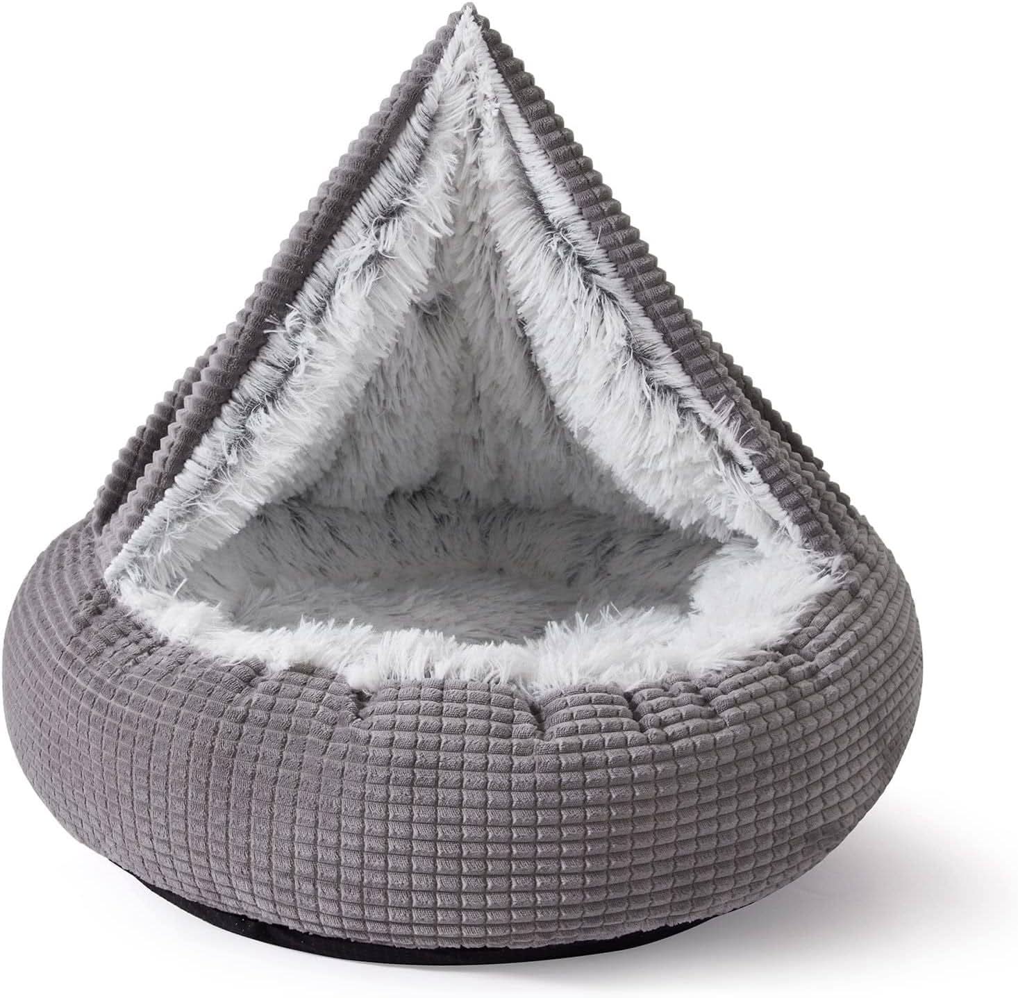 "Cozy Hooded Dog Bed with Attached Blanket, Calming Plush Cave for Small Dogs & Puppies, Anti - Slip Bottom,