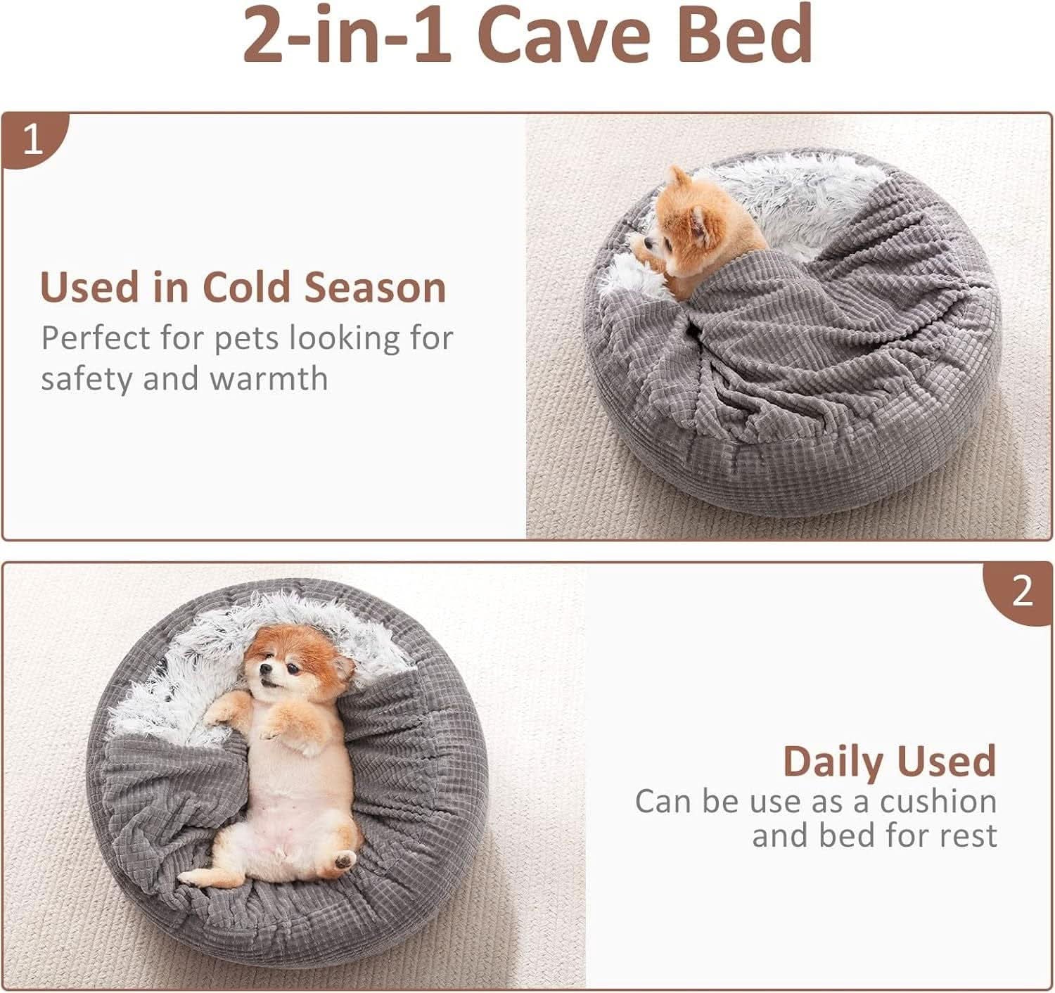 "Cozy Hooded Dog Bed with Attached Blanket, Calming Plush Cave for Small Dogs & Puppies, Anti - Slip Bottom