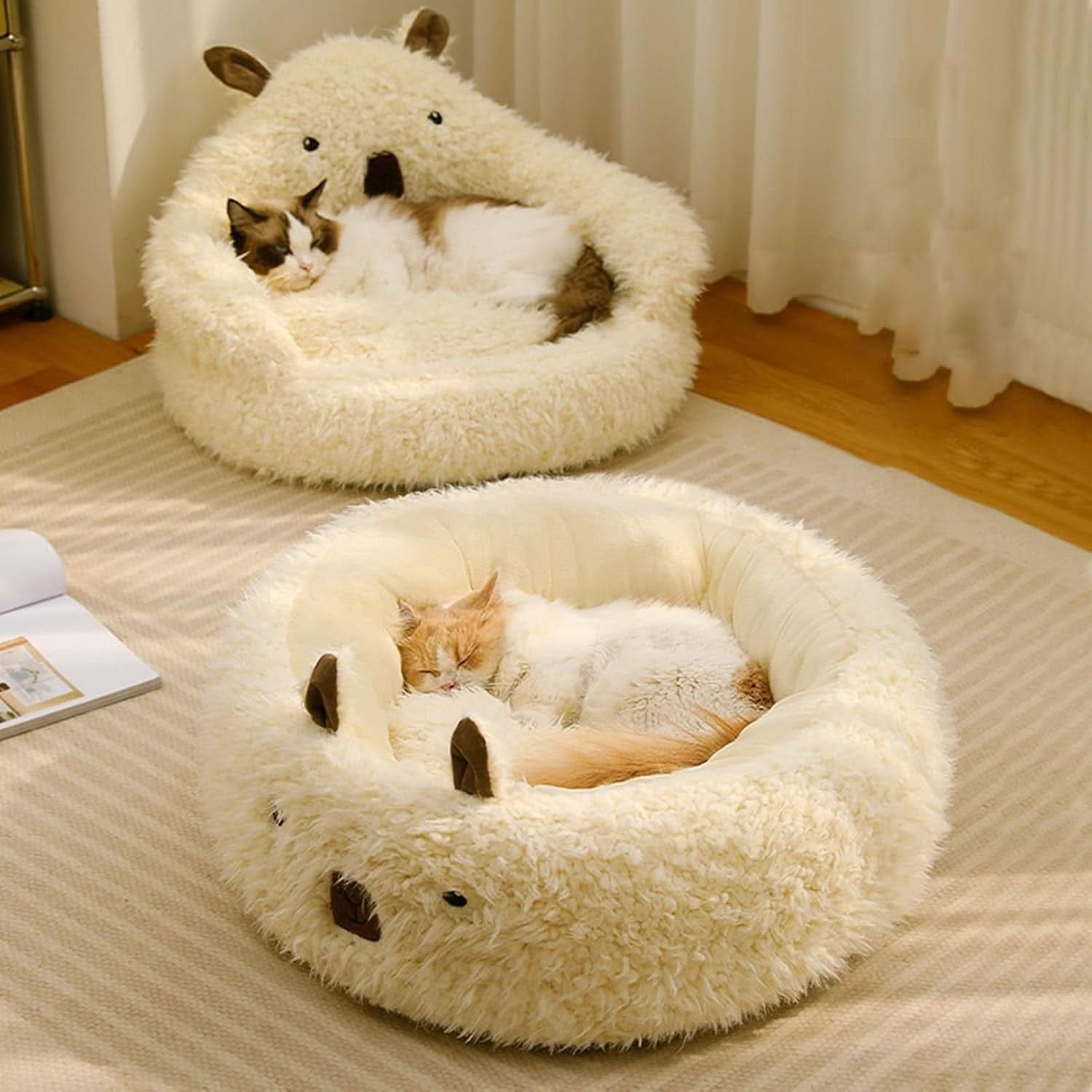 Alpaca Pet Bed For Small Medium Large Dogs Cats Calming Dog Bed Cat Beds With Detachable Plush Pads Anti Slip Bottom