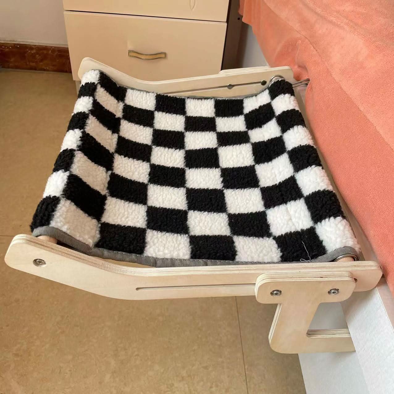 Digger's Accessory Upgrade A black white grid Wooden Cat Window Perch, Hanging Balcony Hammock Bed for Indoor Cats with Glass Mounting