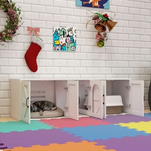 Modern Cat Litter Box Furniture With Double Room, Wooden Cat Litter Box Furniture With Cat Door - Pawtastic Pet Supplies