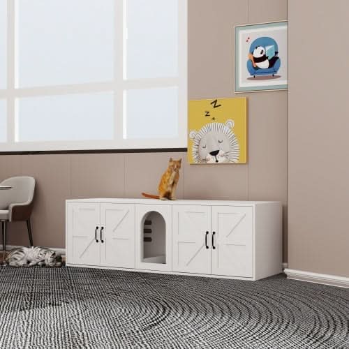 Modern Cat Litter Box Furniture With Double Room, Wooden Cat Litter Box Furniture With Cat Door - Pawtastic Pet Supplies