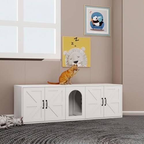 Modern Cat Litter Box Furniture With Double Room, Wooden Cat Litter Box Furniture With Cat Door - Pawtastic Pet Supplies