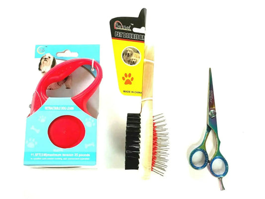 Retractable Dog Leash Double Brush Grooming Hair Scissors Complete Gift Set - Pawtastic Pet Supplies